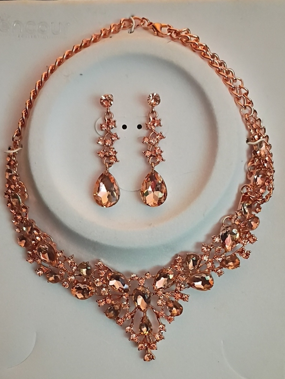 Rose Gold Crystal Teardrop Statement Necklace with Matching Earrings